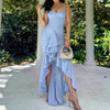 Nameria Mesh Pleated V Neck Sleeveless High Waist Long Dress