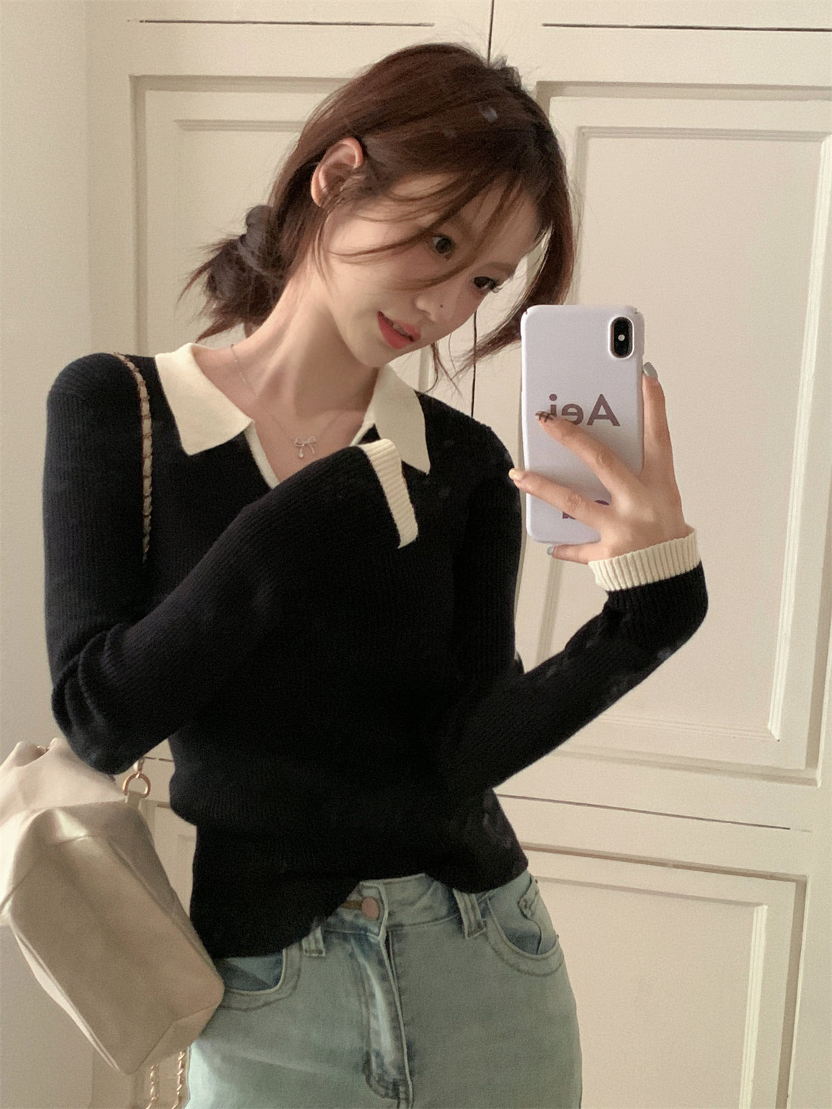Nameria Polo Collar Ribbed Knit Top Long Sleeve Color Block