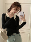 Nameria Polo Collar Ribbed Knit Top Long Sleeve Color Block