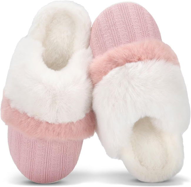 Women'S Two-Tone Fuzzy Collar House Slippers Memory Foam Plush Faux Fur Lining