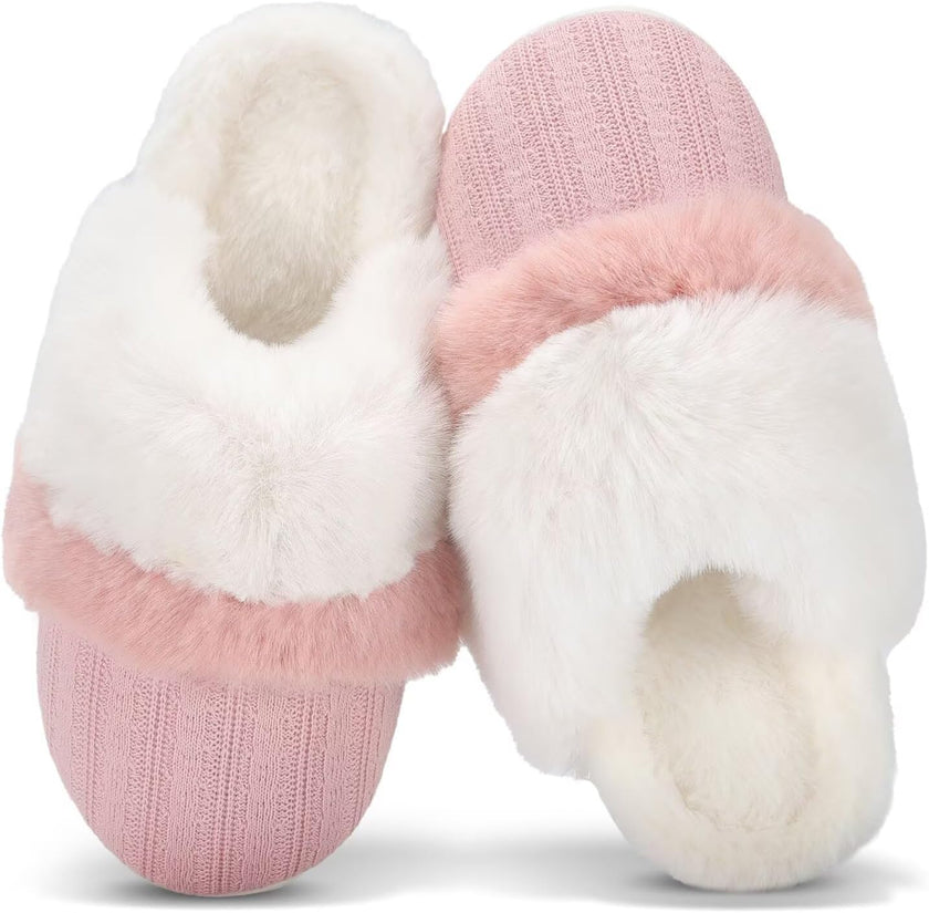 Women'S Two-Tone Fuzzy Collar House Slippers Memory Foam Plush Faux Fur Lining