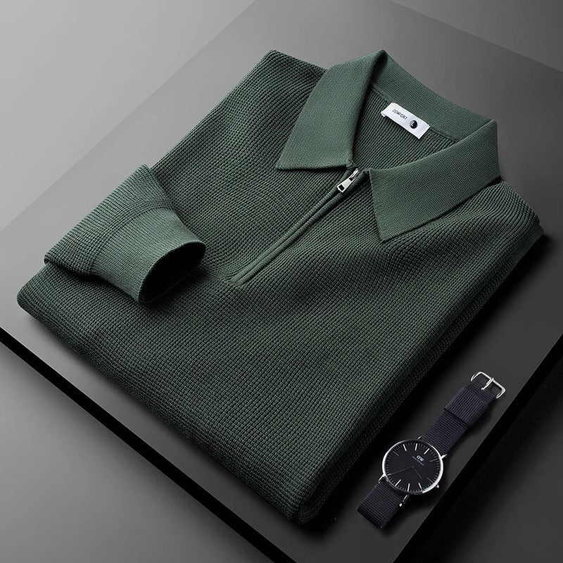 Nameria Half Zip Lapel Collar Waffle Knit Polo Long Sleeve