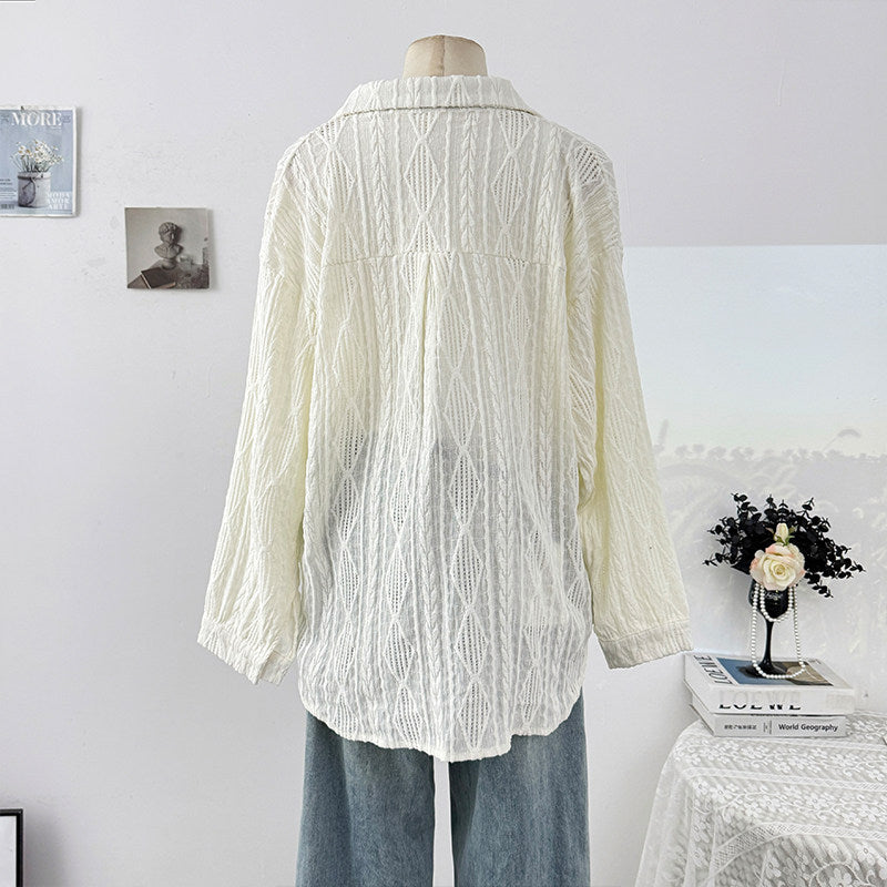 Nameria French Hollow Out Crochet Polo Lapel Long Sleeve Shirt