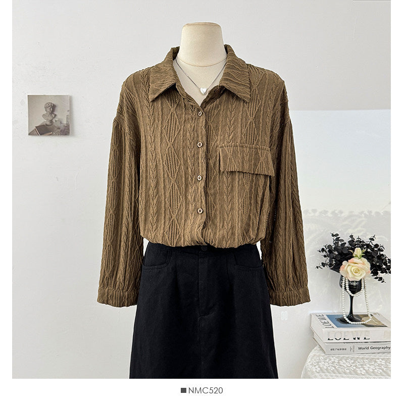 Nameria French Hollow Out Crochet Polo Lapel Long Sleeve Shirt