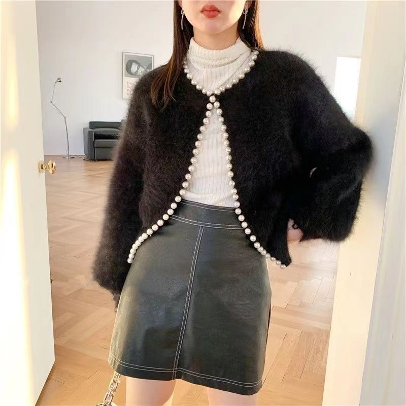 Nameria Pearl Trim Mink Touch Cardigan Lantern Sleeve