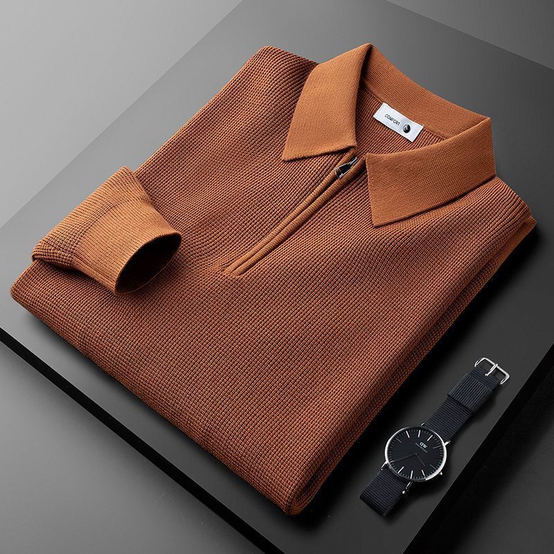 Nameria Half Zip Lapel Collar Waffle Knit Polo Long Sleeve