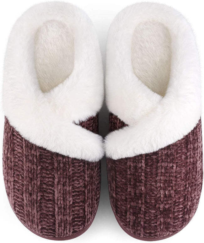 Women’s Fuzzy Memory Foam House Slippers – Indoor Outdoor Cozy Knit Slip-On with Plush Lining & Anti-Skid Rubber Sole