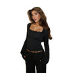 Nameria Womens Lace Long Sleeve Bell Sleeve V Neck Top Slim Fit