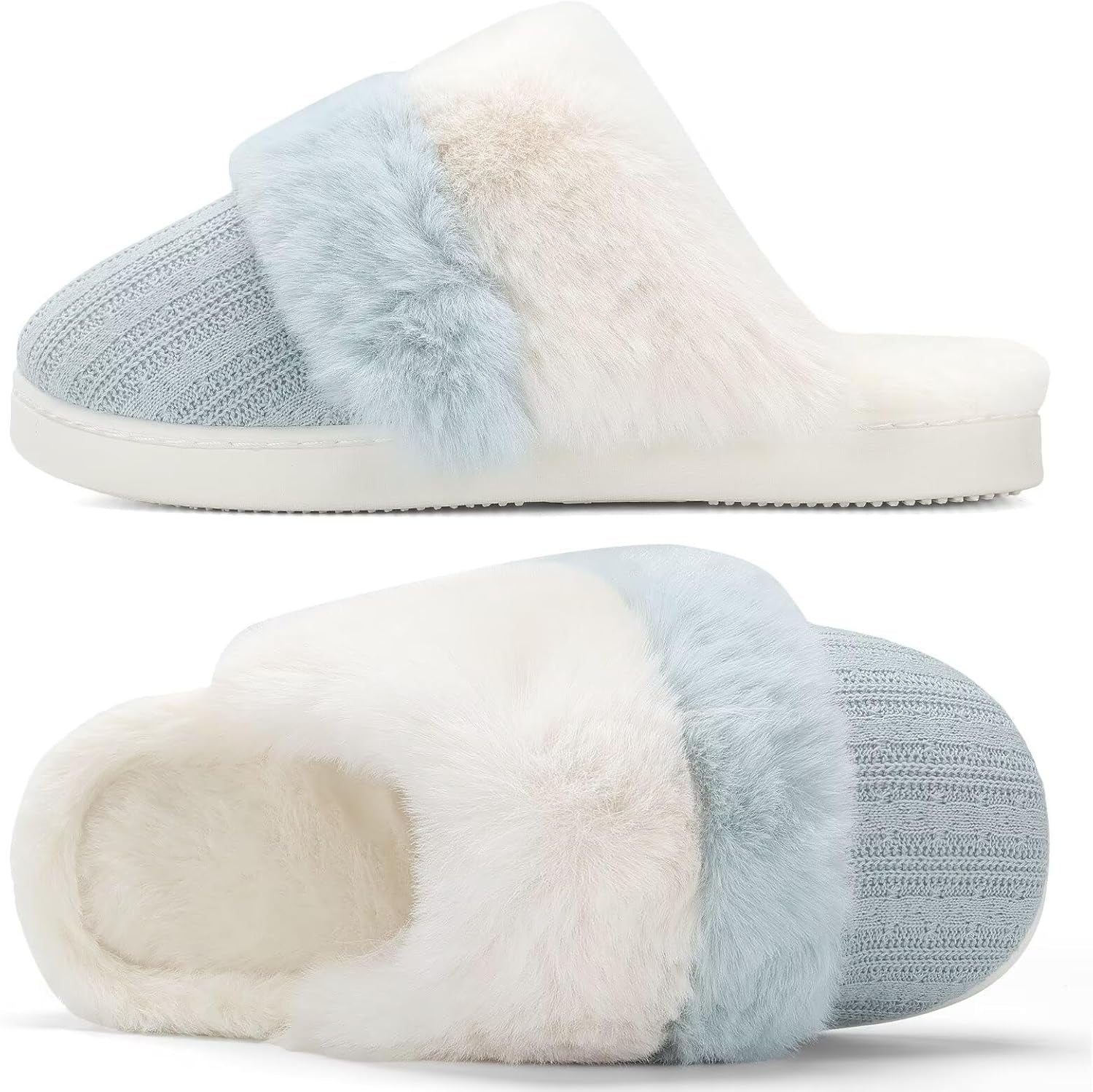 Women'S Two-Tone Fuzzy Collar House Slippers Memory Foam Plush Faux Fur Lining