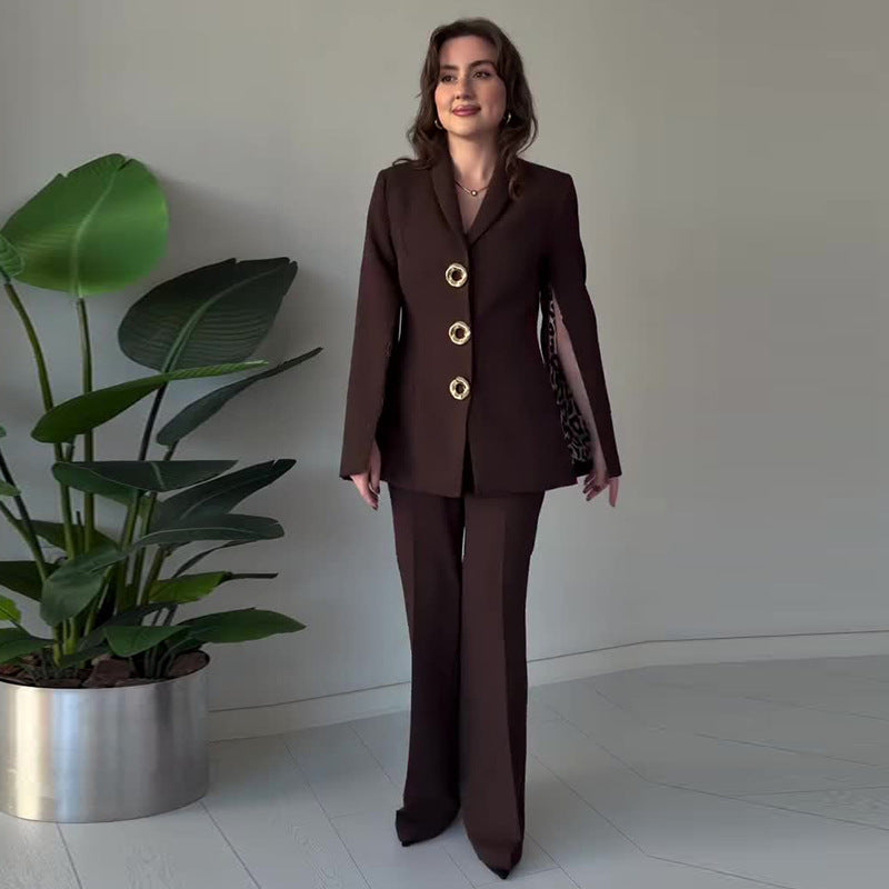 Nameria Long Sleeve Pants Suit Two Piece Set Slit Detail