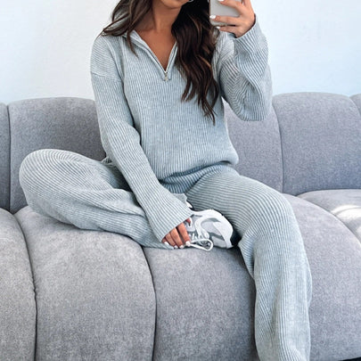 Nameria Knit Sweater Suit Ribbed Half Zip Two Piece Set