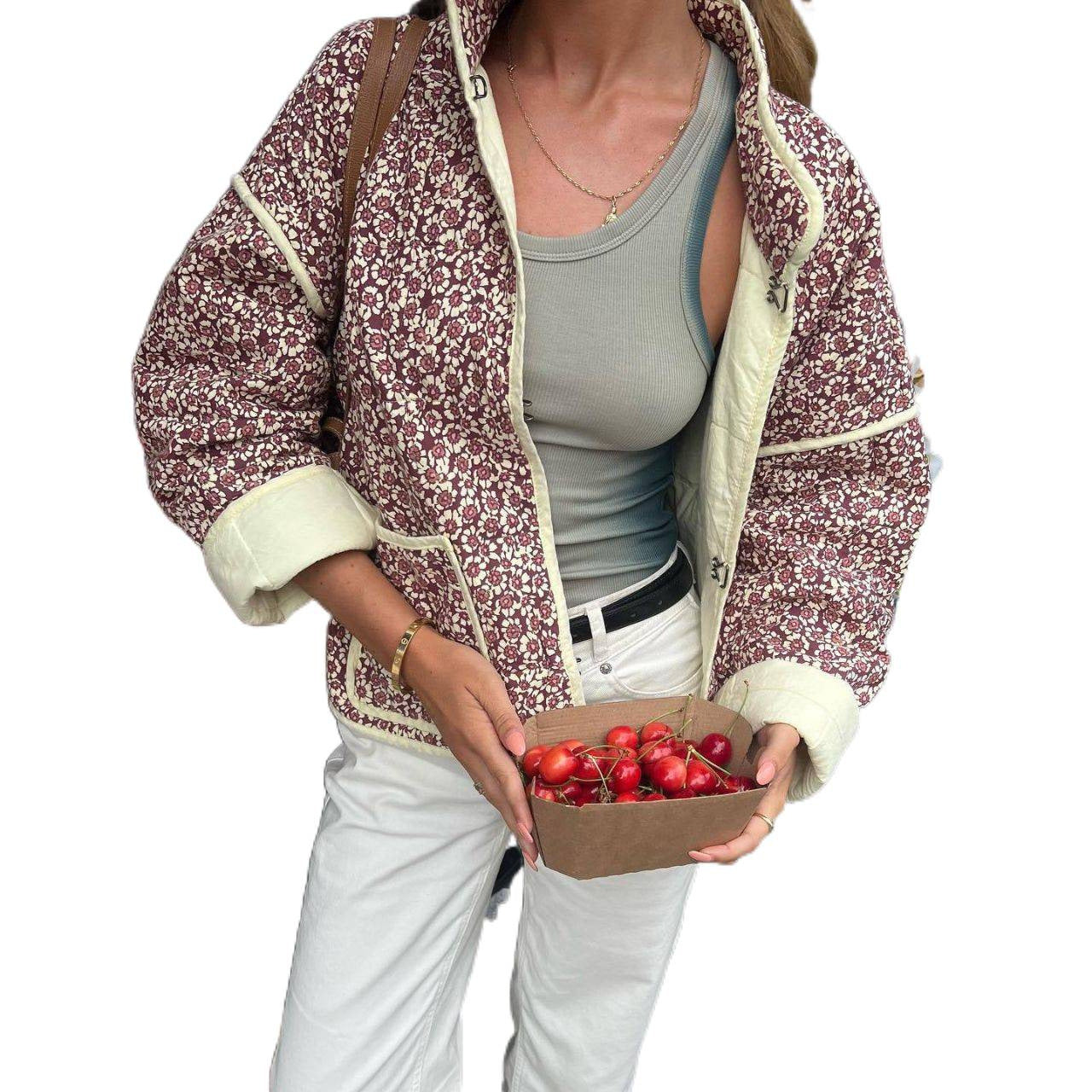 Nameria Womens Cotton Jacket Stand Collar Floral Print Mid Length
