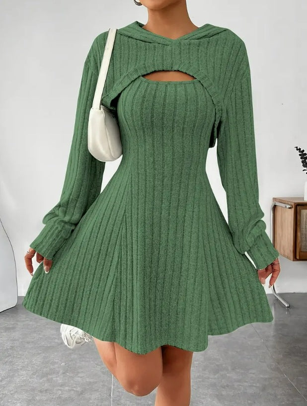 Nameria Square Neck A-Line Dress Set Hooded Top and Tank Dress
