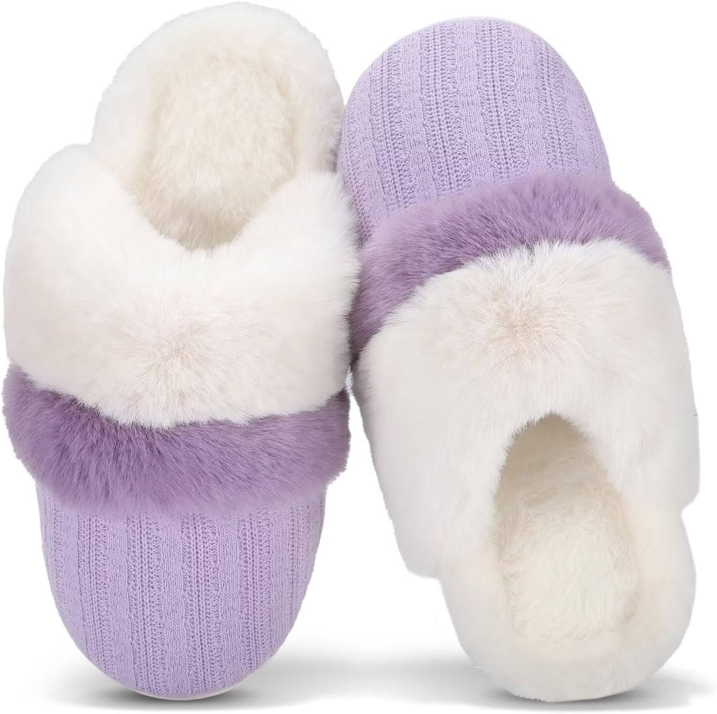 Women'S Two-Tone Fuzzy Collar House Slippers Memory Foam Plush Faux Fur Lining