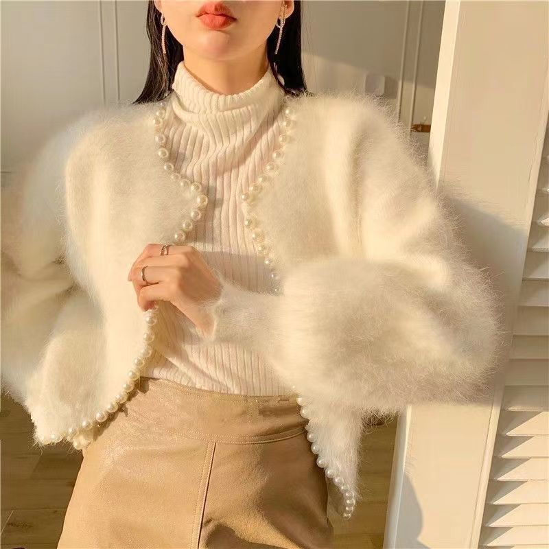 Nameria Pearl Trim Mink Touch Cardigan Lantern Sleeve