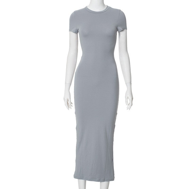 Nameria Round Neck Short Sleeve Slim Fit Long Dress