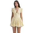 Nameria Floral Puff Sleeve A-line Short Dress V-neck High Waist