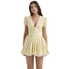 Nameria Floral Puff Sleeve A-line Short Dress V-neck High Waist