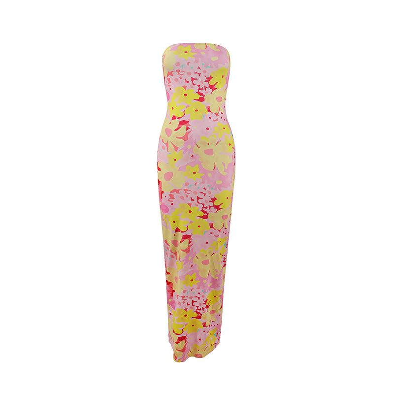 Nameria Strapless Floral Print Long Dress Tube Top Backless