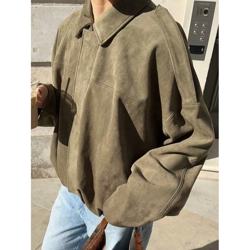 Nameria Suede Textured Lapel Bomber Jacket