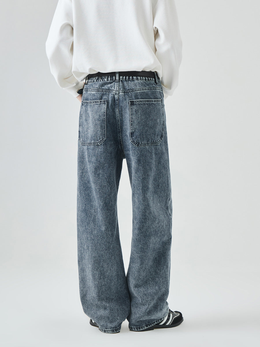 Nameria Washed Denim Loose Straight Long Pants Mid-rise