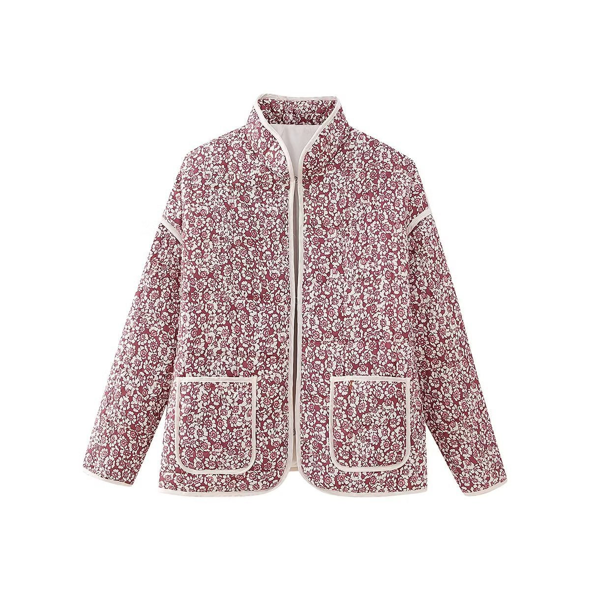 Nameria Womens Cotton Jacket Stand Collar Floral Print Mid Length