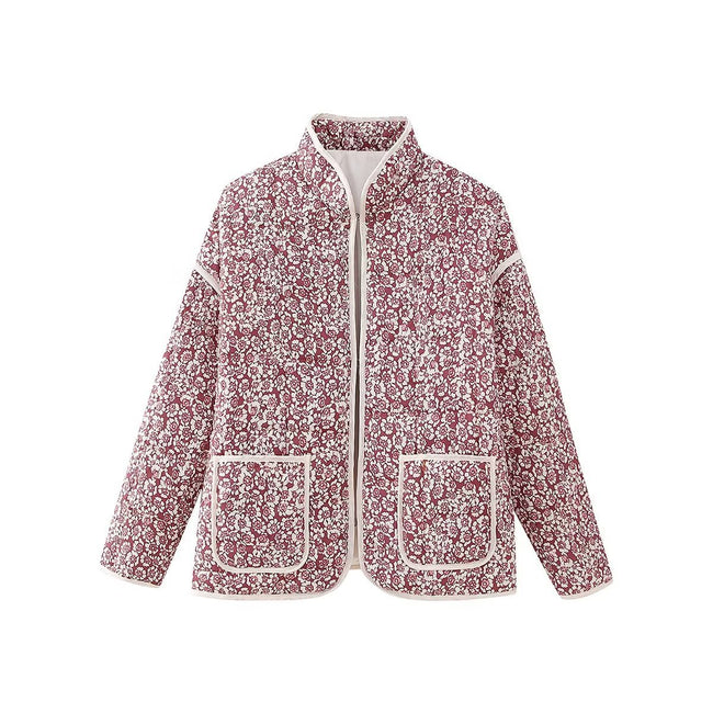 Nameria Womens Cotton Jacket Stand Collar Floral Print Mid Length