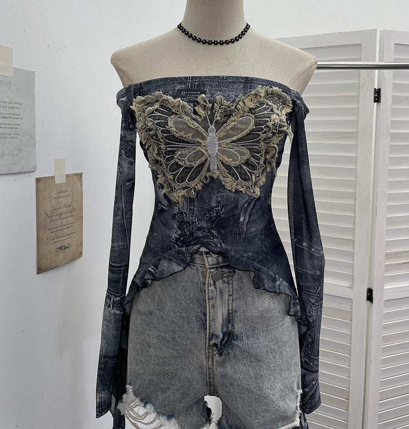 Nameria One-Shoulder Butterfly Embroidered Mesh Top